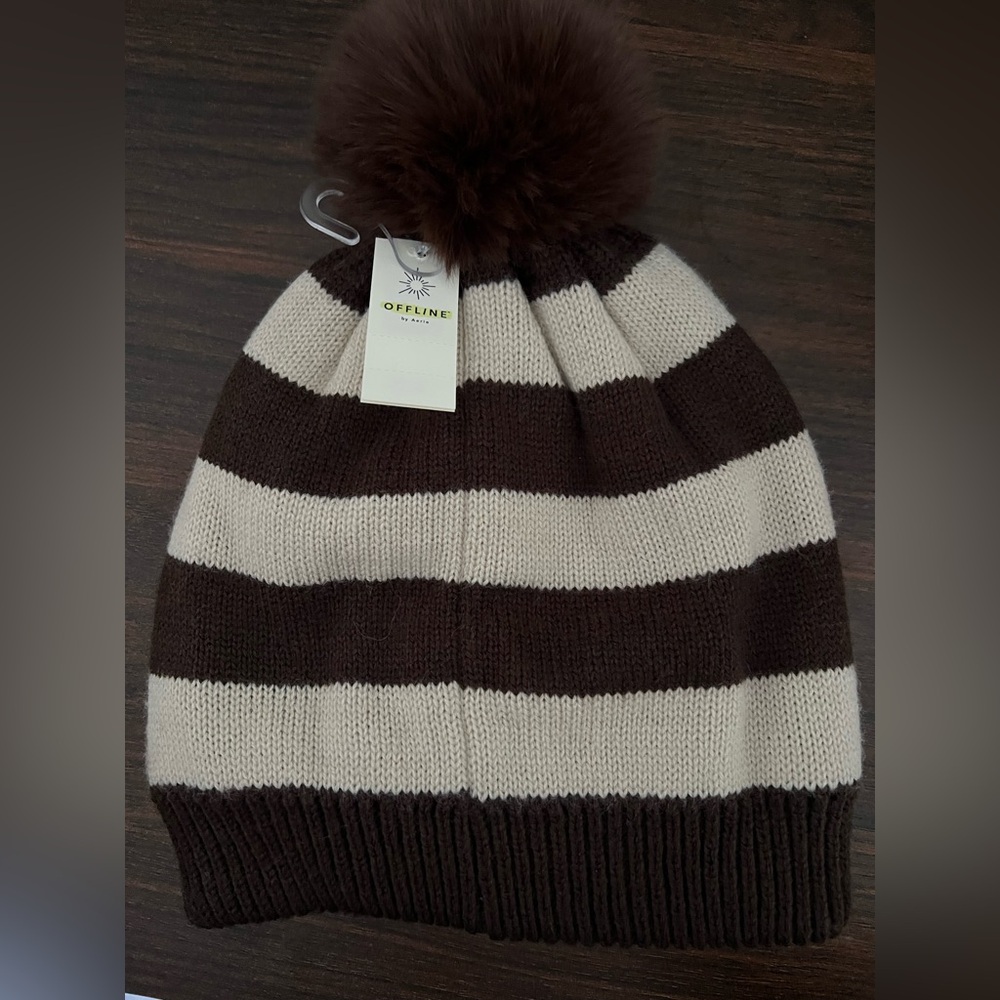 Offline by Aerie - Brown and Cream Striped Pom-Pom Beanie